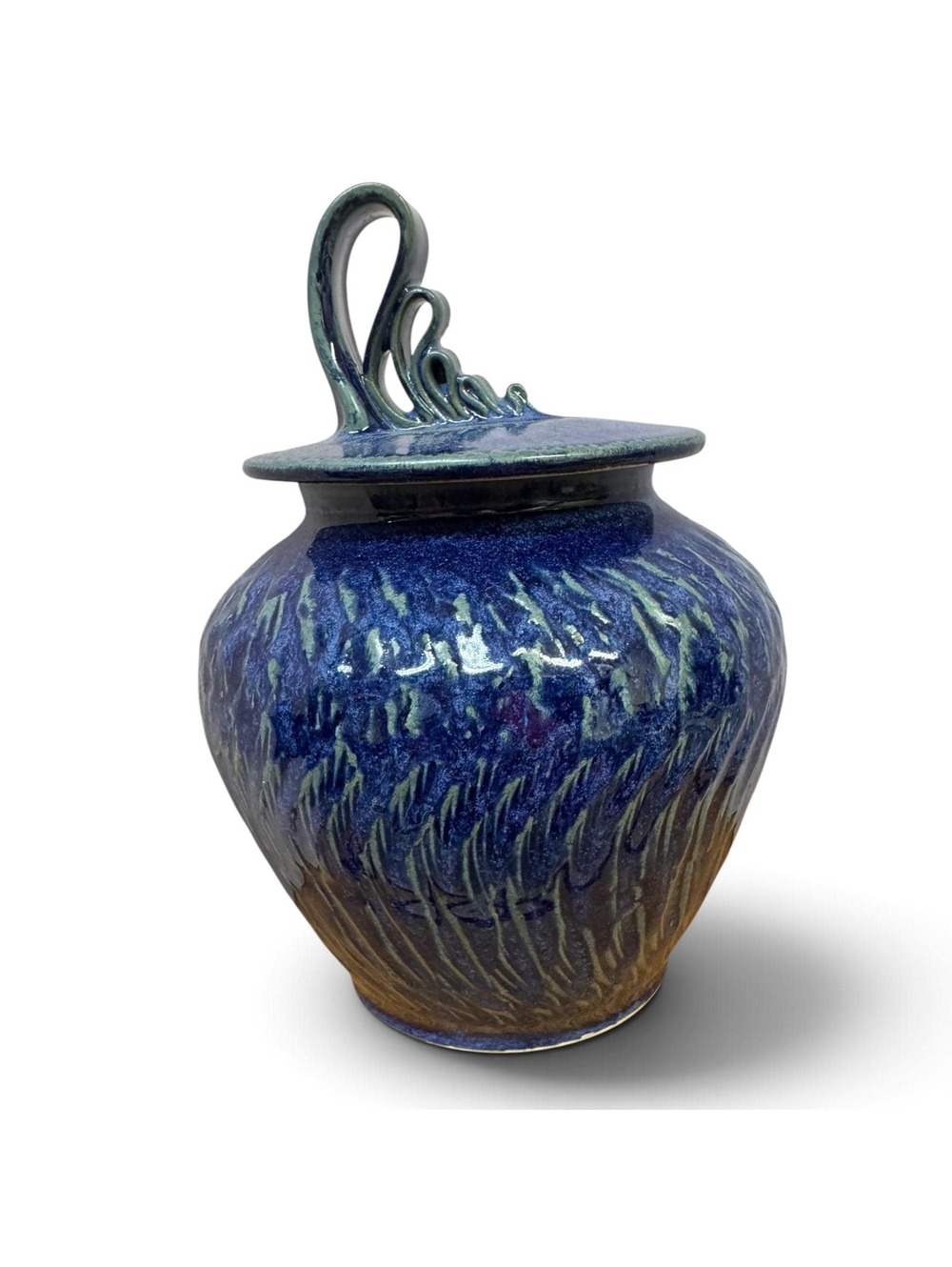 1990’s Glazed Earthenware Jar with Ribbon Top Lid.